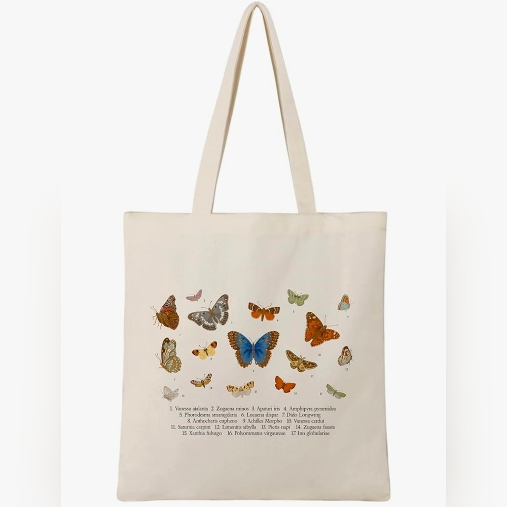 Butterflies Cotton Canvas Tote Bag with 2 Inner Pockets Reusable Washable